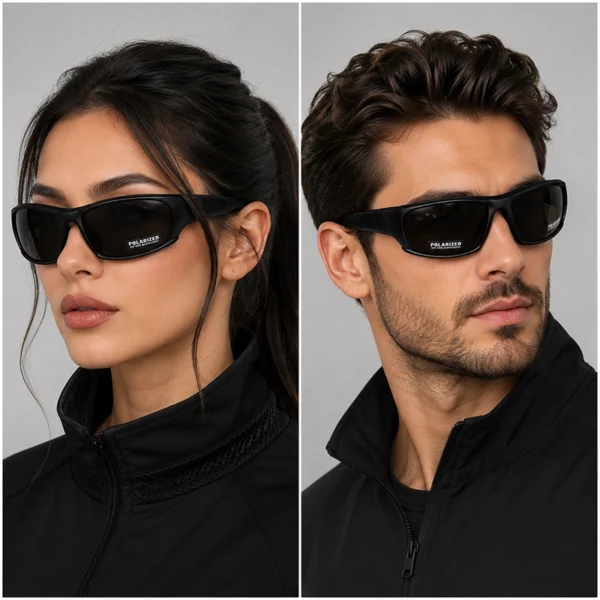 عینک تاکتیکال و ورزشی Daisy X7 Polarized روی صورت مانکن زن و مرد پلازیزه دارد